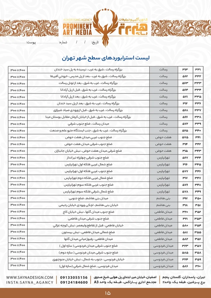 قیمت بیلبورد تهران