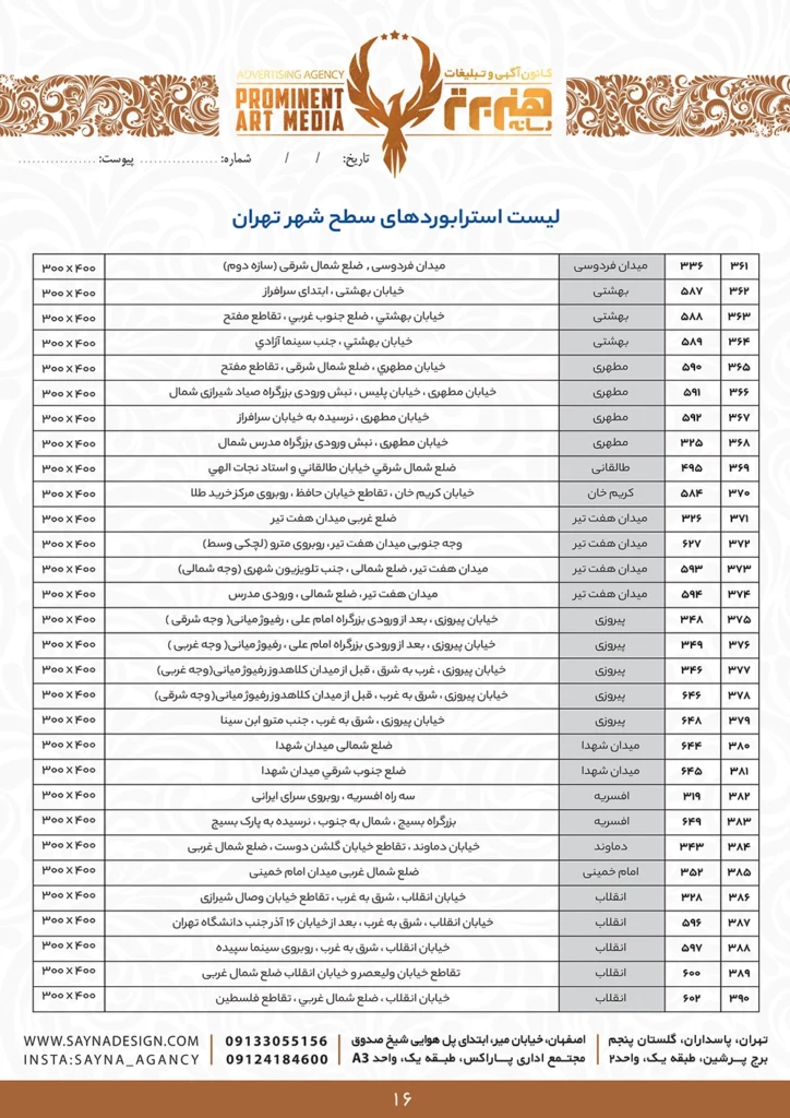 قیمت بیلبورد تهران