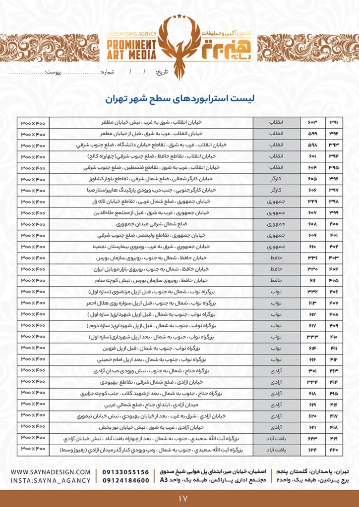 قیمت اجاره بیلبورد تهران